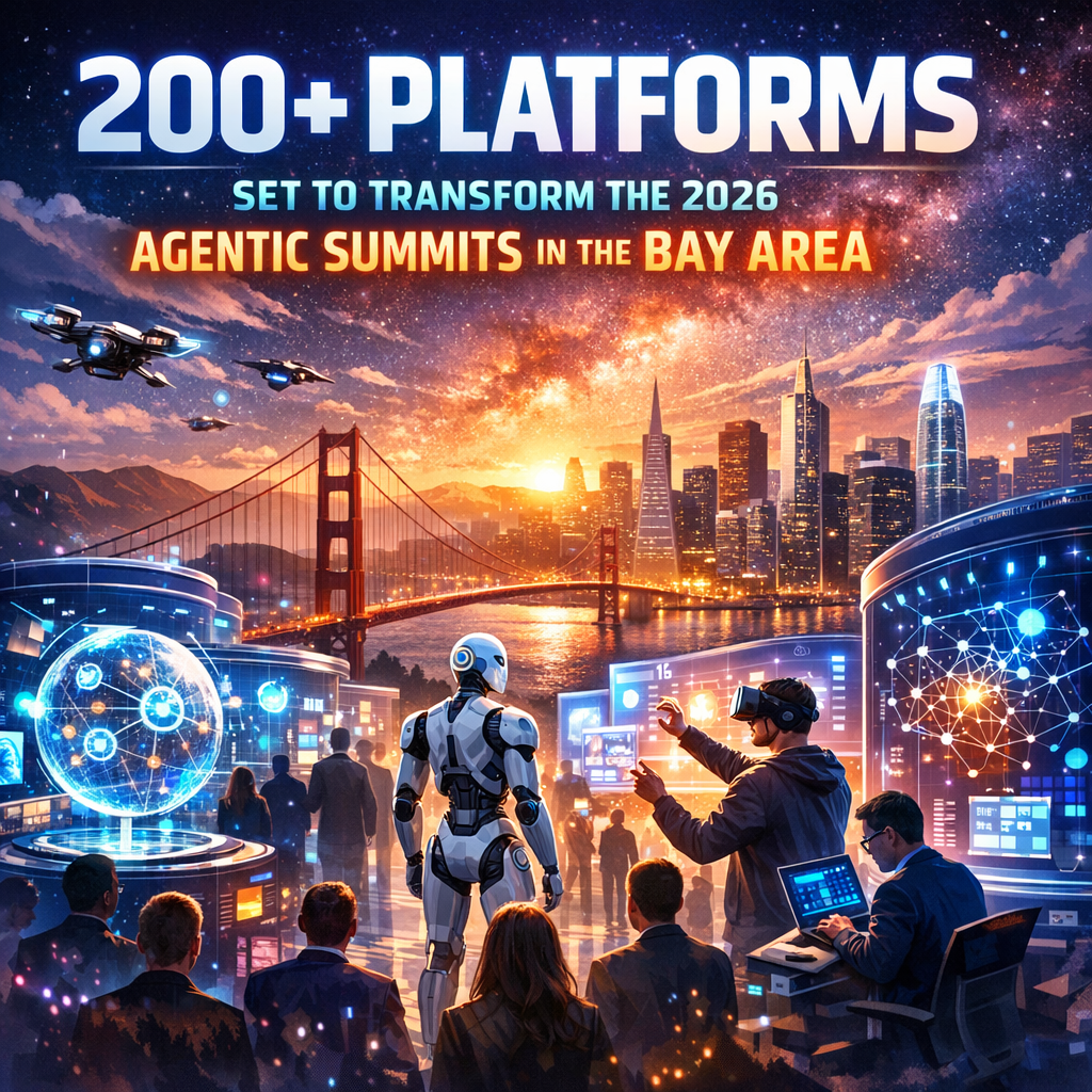 "Promotional graphic for 2026 Agentic Summits showing futuristic Bay Area skyline with overlaid tech symbols."
