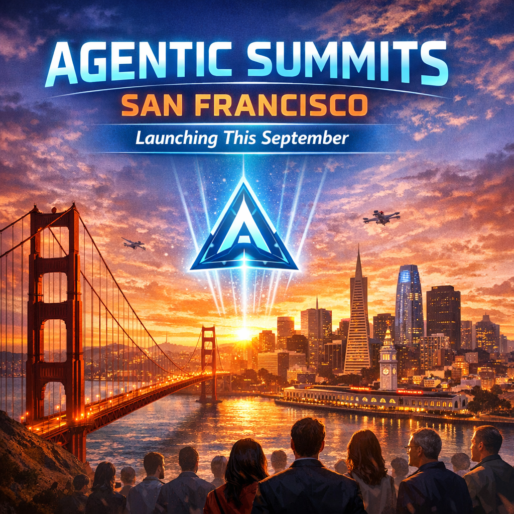 Golden Gate Bridge and San Francisco skyline promoting Agentic Summits event in September.
