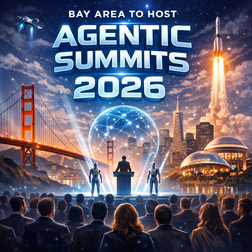 "Futuristic poster showcasing Bay Area's iconic landmarks intermixed with advanced technology for Agentic Summits 2026."