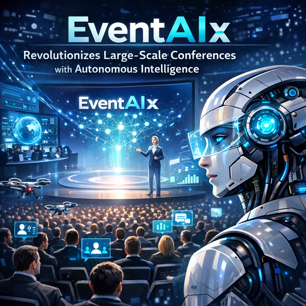 Logo of EventAIx with images of robots interfacing with people at a high-tech conference.