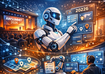 Futuristic AI robot managing AWSummit 2026 event workflows with advanced digital interfaces.