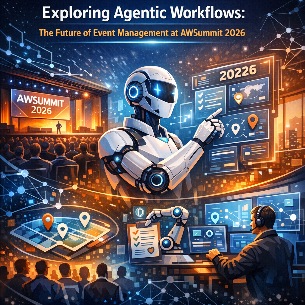 "Revolutionizing event management with futuristic AI: Dive into agentic workflows at AWSummit 2026!" Futuristic AI robot managing AWSummit 2026 event workflows with advanced digital interfaces.