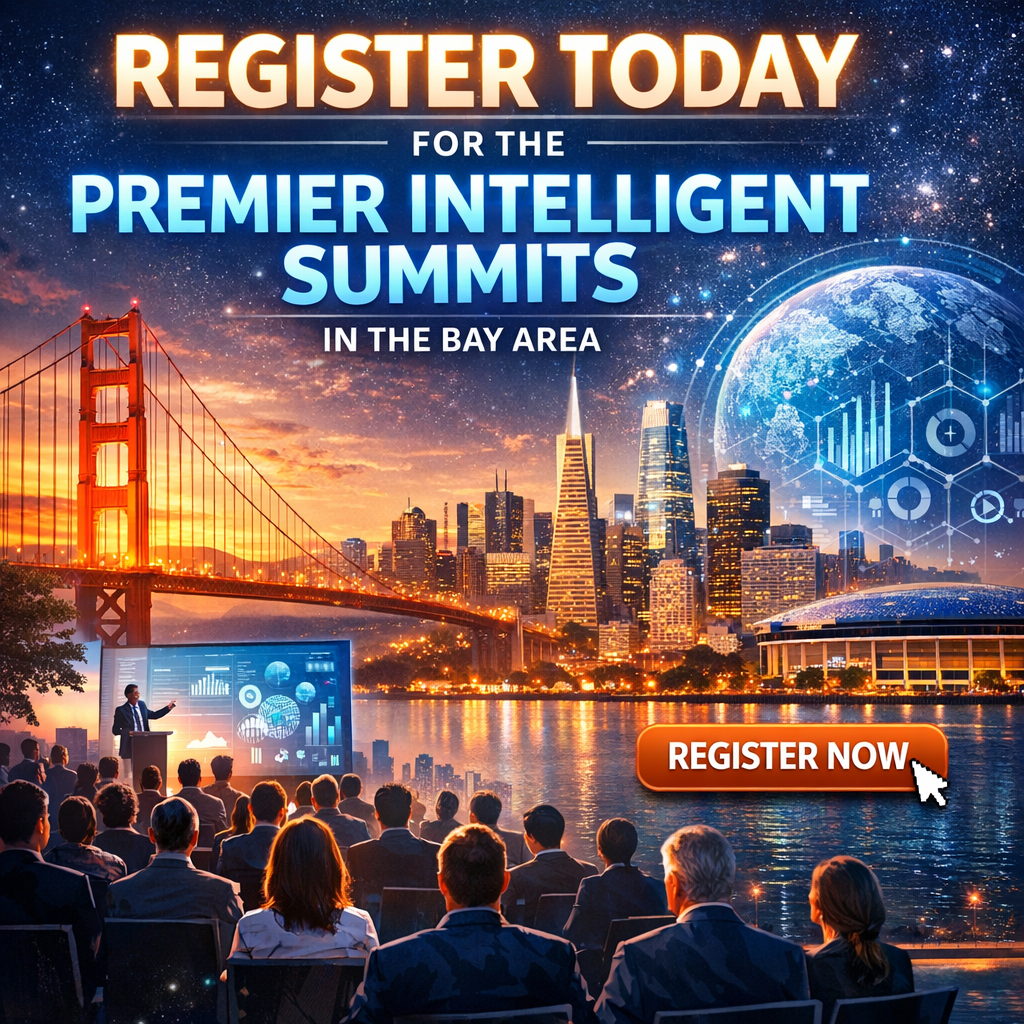 Graphic of a conference banner for the Bay Area Intelligent Summits with a call to action to register.