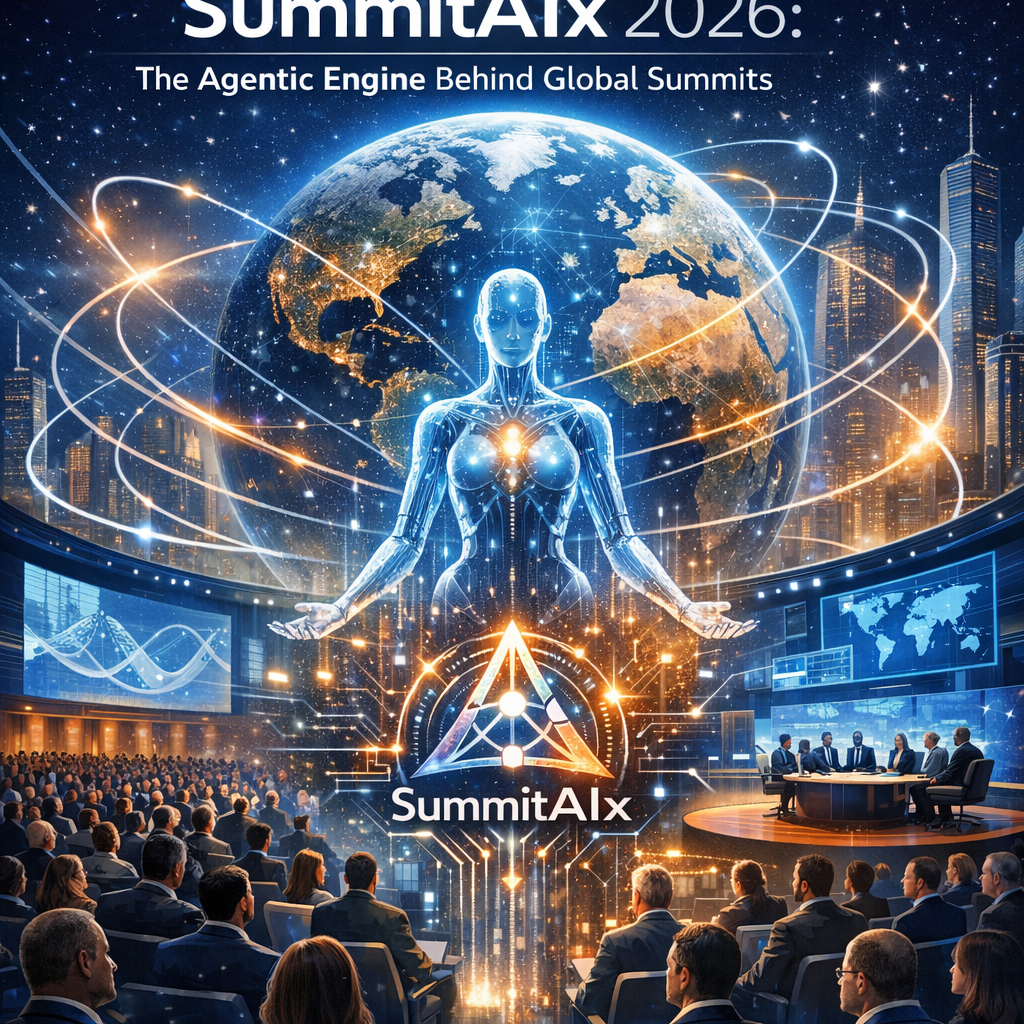Graphic of a futuristic AI-powered global summit with advanced technology and digital networks.