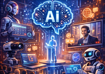 AI robots managing digital screens and equipment at a high-tech conference.