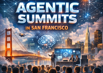 Graphic of a crowded summit with the Golden Gate Bridge in the background, titled "Agentic Summits San Francisco".
