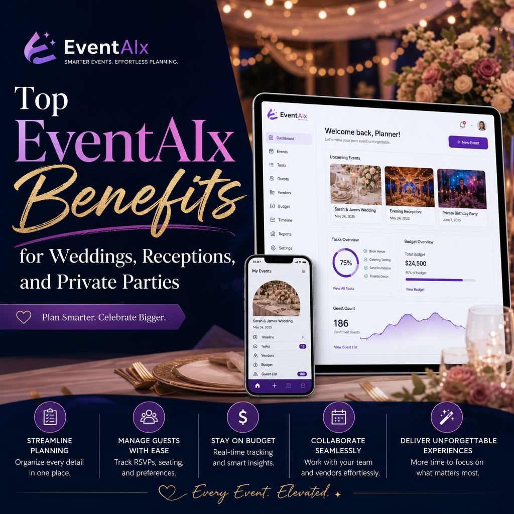 Event planning software illustration for Top EventAIx Benefits for Weddings, Receptions, and Private Parties